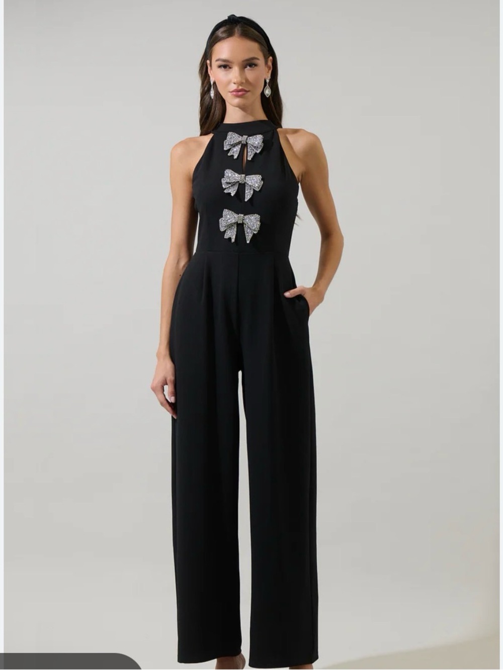 Sugarlips Black Halter Wide-Leg Jumpsuit with Silver Bow Embellishments